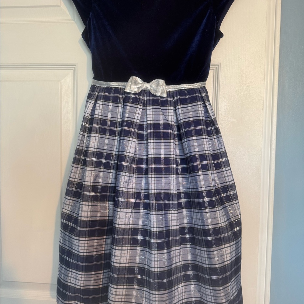 Jona Michelle Navy Velvet Top Plaid Skirt Dress with Silver Bow